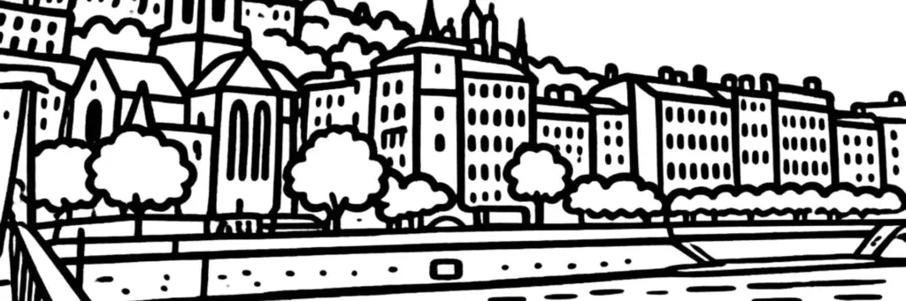 Le Vieux-Lyon, la basilique de Fourvière et le quartier de Saint-Just dans le 5e arrondissement de Lyon, illustration au trait
