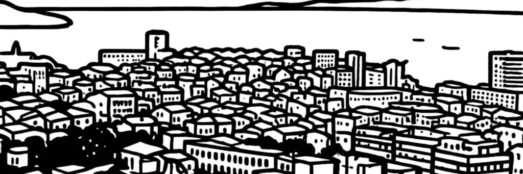 Le village de Saint-Antoine et le centre du Merlan dans le 14e arrondissement de Marseille, illustration au trait