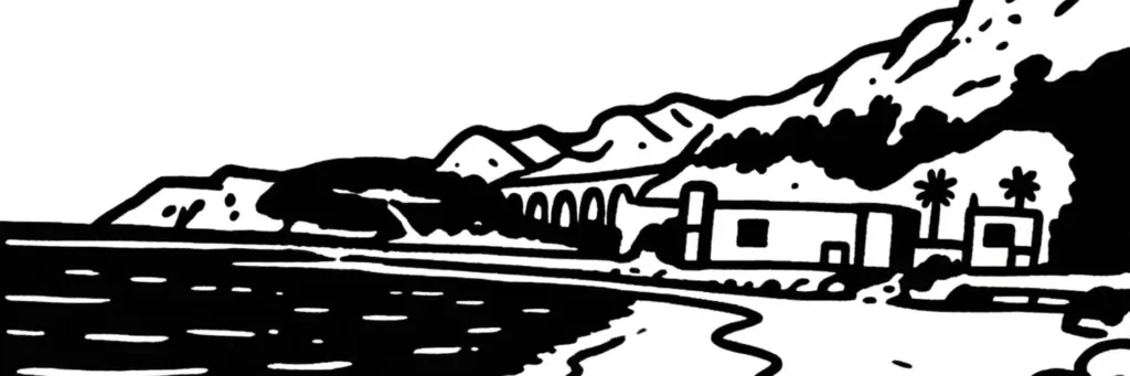 Le port de l'Estaque, le village de pêcheurs et les viaducs dans le 16e arrondissement de Marseille, illustration au trait