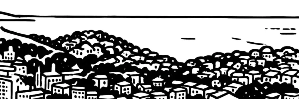 La Corniche Kennedy, le Vallon des Auffes et le Pharo dans le 7e arrondissement de Marseille, illustration au trait