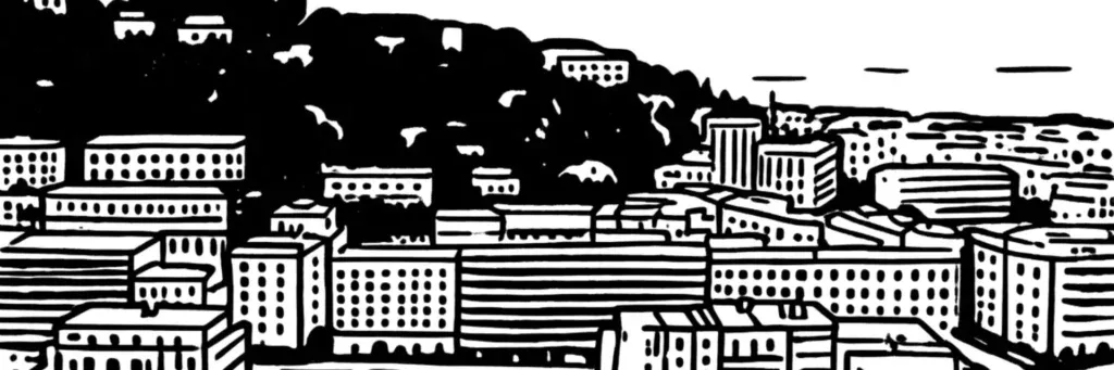 Le quartier Carei à Menton, la vallée du Careï et la gare SNCF de Menton, l'avenue de Sospel, les hauteurs de Monti et du Mont Gros, l'accès à l'autoroute A8, au nord de la ville, illustration au trait