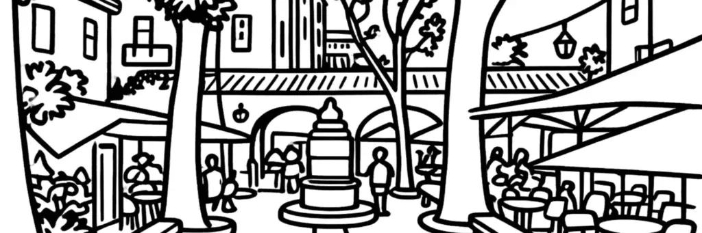 Le Centre-ville de Menton, les jardins Biovès et le casino, le marché des Halles, l'esplanade Francis Palmero et le front de mer, la mairie et sa salle des mariages décorée par Cocteau, illustration au trait