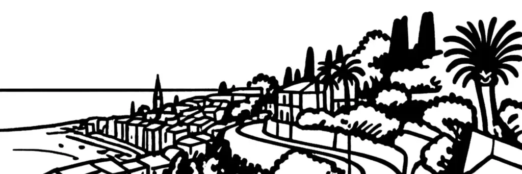 Le quartier Garavan à Menton, le port de plaisance de Garavan et ses voiliers, les villas et jardins de la Belle Époque, la Serre de la Madone et le Val Rahmeh, la frontière italienne et les collines, à l'est de la ville, illustration au trait