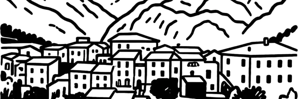 Le quartier Gorbio à Menton, la vallée et la rivière de Gorbio, l'arrière-pays résidentiel et les collines en terrasses, les villas et les oliviers à l'ouest de la ville, illustration au trait