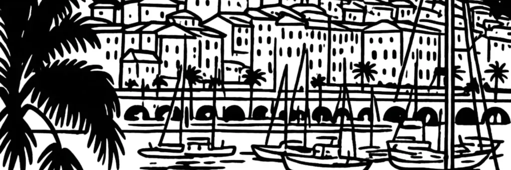 Le quartier Riviera à Menton, la promenade du Soleil et les plages du front de mer ouest, les immeubles en bord de mer face à la Méditerranée, entre le centre et Carnolès, illustration au trait