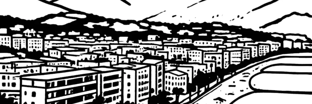 Le quartier Terres Chaudes à Menton, les collines résidentielles de l'est, les villas en terrasses avec vue mer vers Garavan, l'habitat sur les pentes au-dessus du front de mer, illustration au trait