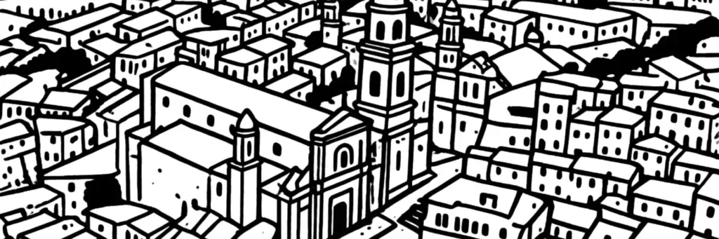 La Vieille Ville de Menton, la basilique Saint-Michel-Archange et son parvis baroque, les rampes et la rue Longue, le Bastion devenu musée Cocteau, les ruelles colorées étagées au-dessus du port, illustration au trait