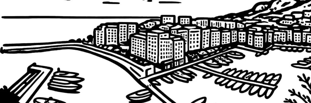 Le quartier de Fontvieille à Monaco, immeubles résidentiels modernes et port de plaisance, illustration au trait