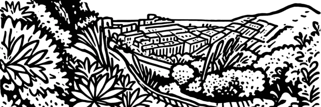 Le quartier du Jardin Exotique à Monaco, hauteurs ouest sur la falaise avec vue sur le Port Hercule, illustration au trait
