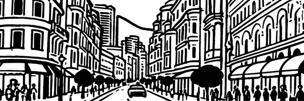 Le quartier de La Rousse à Monaco, grandes tours modernes dont la Tour Odéon, illustration au trait