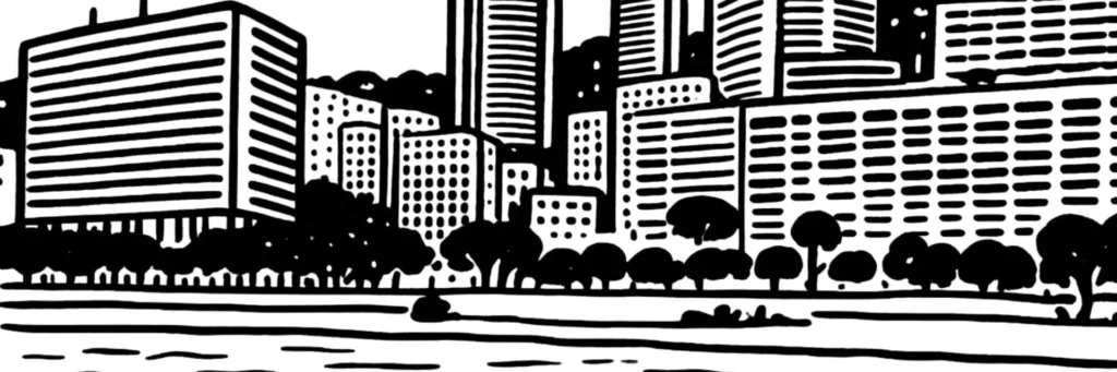 Le quartier du Larvotto à Monaco, plage publique et front de mer résidentiel, illustration au trait