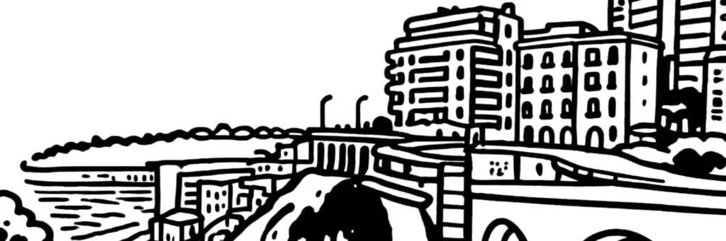 Le quartier des Moneghetti à Monaco, hauteurs nord-ouest résidentielles à la frontière de Beausoleil, illustration au trait