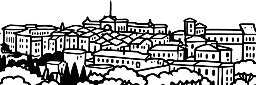 Le quartier de Monaco-Ville perché sur le Rocher, ruelles historiques et maisons anciennes, illustration au trait
