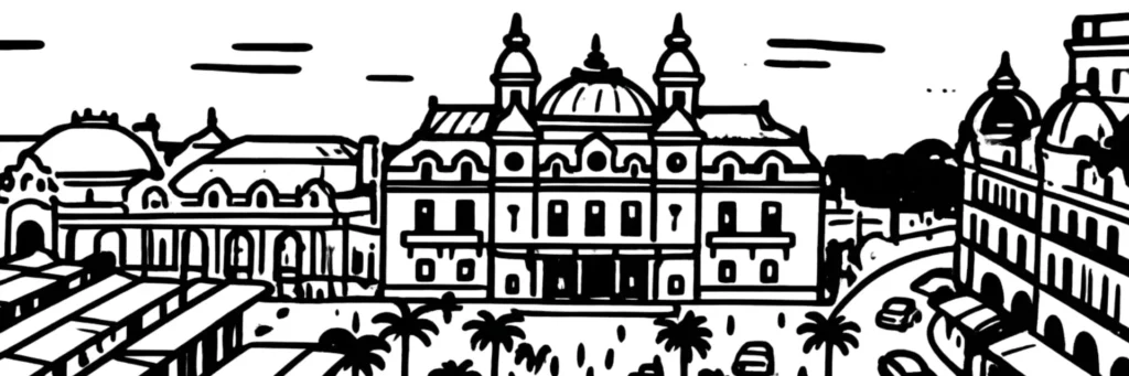 Le quartier de Monte-Carlo à Monaco, Casino, façades haussmanniennes et tours récentes, illustration au trait