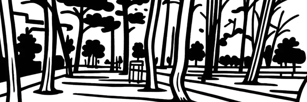Le parc de Lunaret, le domaine de Méric et les rues résidentielles du quartier Aiguelongue au nord-est de Montpellier, illustration au trait