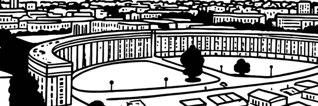 Le quartier néoclassique d'Antigone, la place du Nombre d'Or et l'Esplanade de l'Europe au bord du Lez à Montpellier, illustration au trait