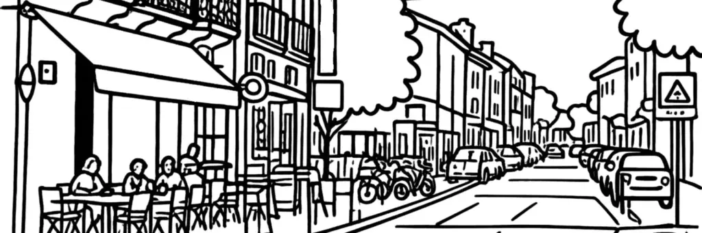 Le quartier des Beaux-Arts, ses maisons de ville et le marché du plan Cabanes au nord du centre de Montpellier, illustration au trait