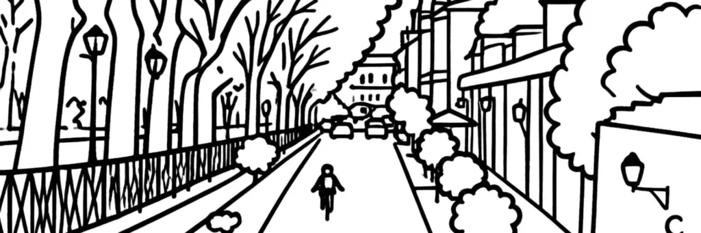 Le Jardin des Plantes, la faculté de pharmacie et les rues du quartier Boutonnet au nord du centre de Montpellier, illustration au trait