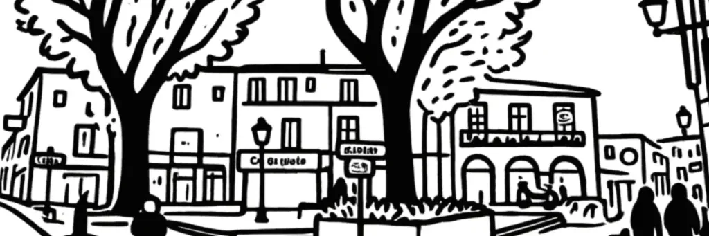 Le village de Celleneuve, son église, sa place et son marché à l'ouest de Montpellier, illustration au trait
