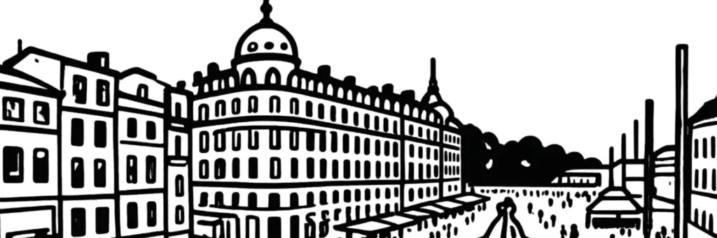 La place de la Comédie, la fontaine des Trois Grâces et l'Opéra au cœur de Montpellier, illustration au trait
