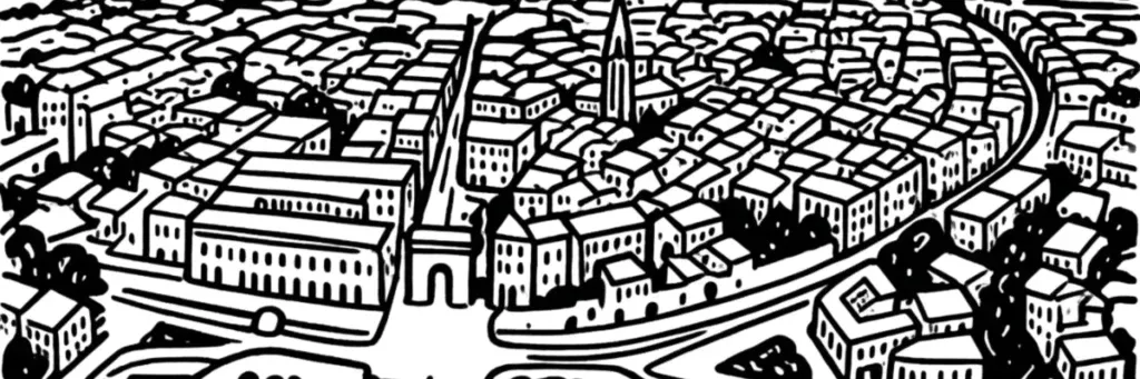 Les ruelles de l'Écusson, la promenade du Peyrou, l'arc de triomphe et la cathédrale Saint-Pierre au cœur de Montpellier, illustration au trait