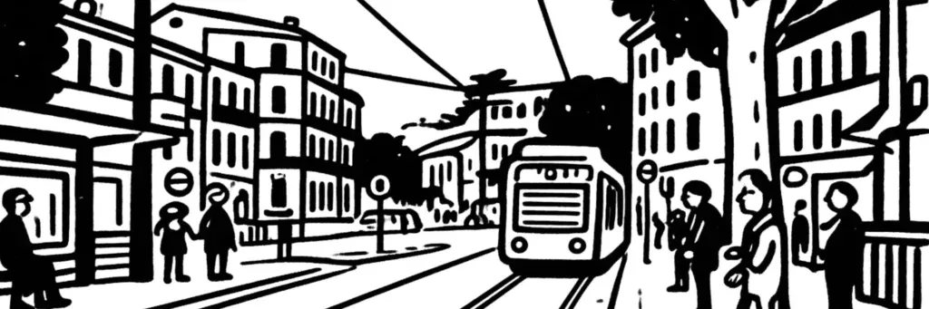 Le cours Gambetta, le plan Cabanes et le faubourg de Figuerolles à l'ouest du centre de Montpellier, illustration au trait