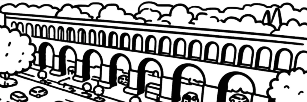 L'aqueduc Saint-Clément, le marché des Arceaux et les terrains de boules à l'ouest du Peyrou à Montpellier, illustration au trait