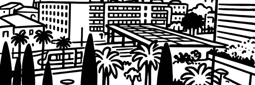 Le quartier des Aubes, les bords du Lez et les rues résidentielles à l'est du centre de Montpellier, illustration au trait