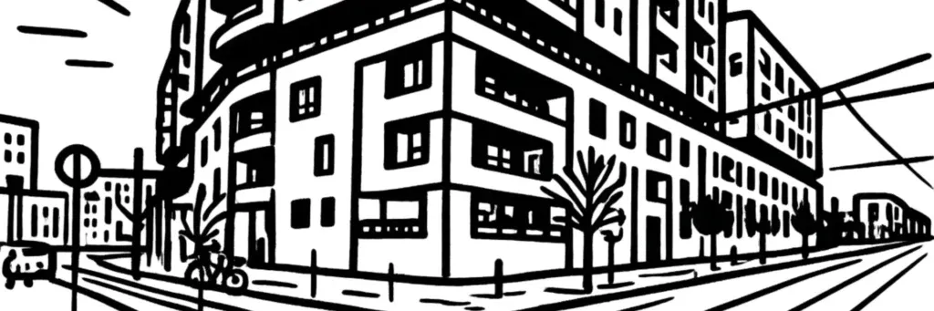 La gare Saint-Roch, le nouveau quartier Saint-Roch et ses immeubles récents au sud du centre de Montpellier, illustration au trait