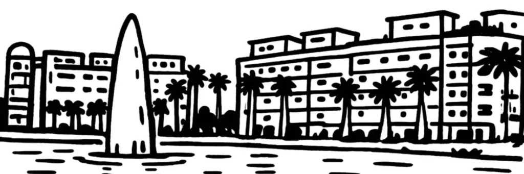 L'hôtel de ville de Montpellier, le bassin Jacques Cœur, Odysseum et les Rives du Lez dans le quartier Port Marianne, illustration au trait