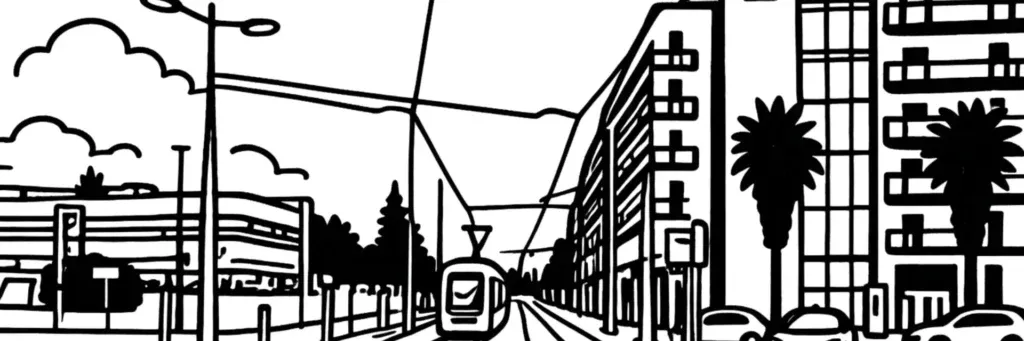 Le quartier Près d'Arènes, ses programmes neufs et ses pôles d'activité au sud-est de Montpellier, illustration au trait