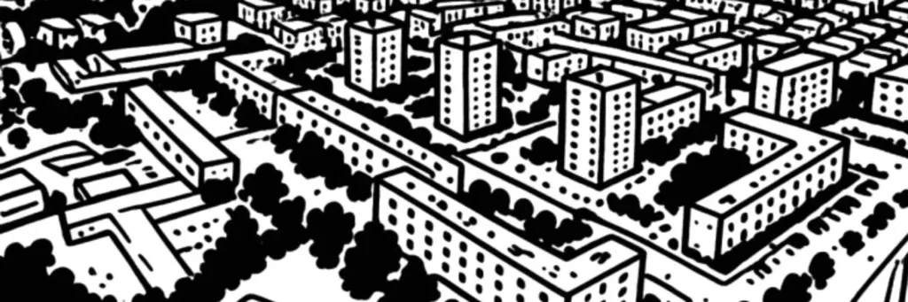 Le quartier du Breil, la route de Vannes et les rues résidentielles de l'ouest de Nantes, illustration au trait