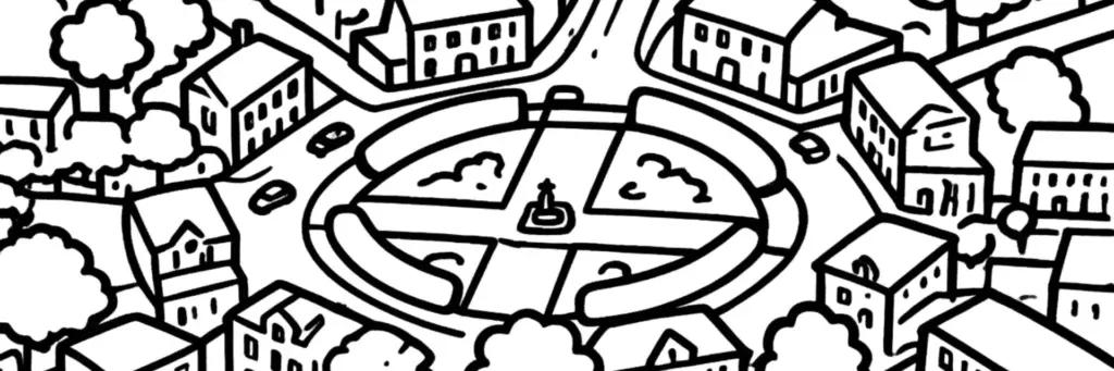 La place Canclaux, la place Mellinet en étoile et les hôtels particuliers du quartier bourgeois de l'ouest de Nantes, illustration au trait