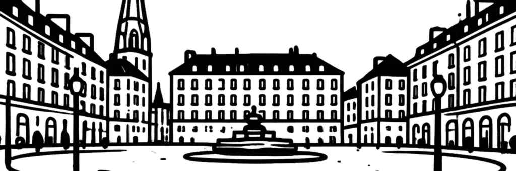 La place Royale, la place Graslin, le passage Pommeraye et le château des ducs de Bretagne au cœur de Nantes, illustration au trait