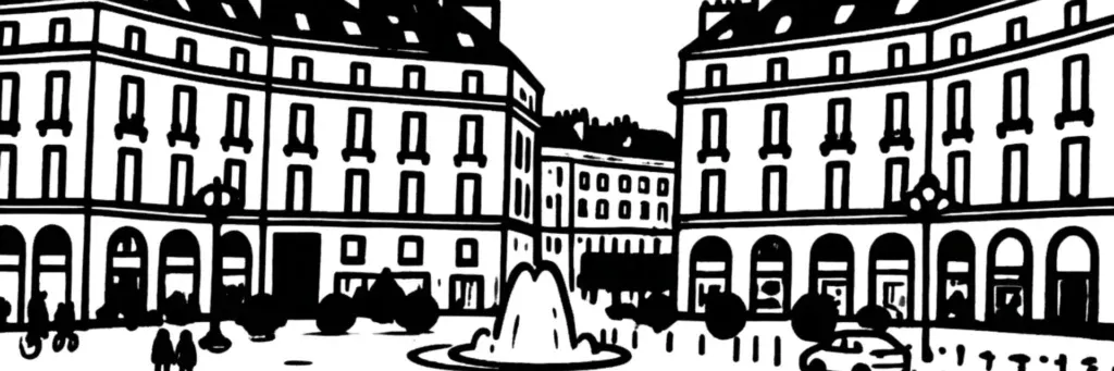 La place Graslin et son théâtre, la rue Crébillon, le passage Pommeraye et le cours Cambronne au cœur de Nantes, illustration au trait