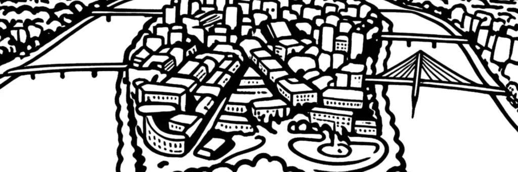 Les Machines de l'île, le Grand Éléphant, les anciens chantiers navals et le quartier de la création sur l'Île de Nantes, illustration au trait