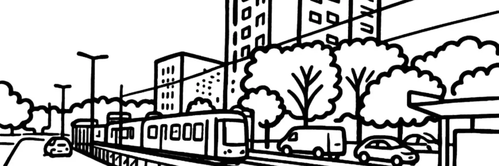 Le campus de l'université de Nantes, le Pont du Cens et les quartiers résidentiels du nord de la ville, illustration au trait