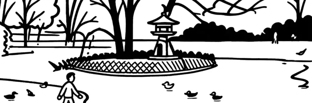 Le parc de Procé, la rue Monselet et les maisons de maître du quartier résidentiel du nord-ouest de Nantes, illustration au trait
