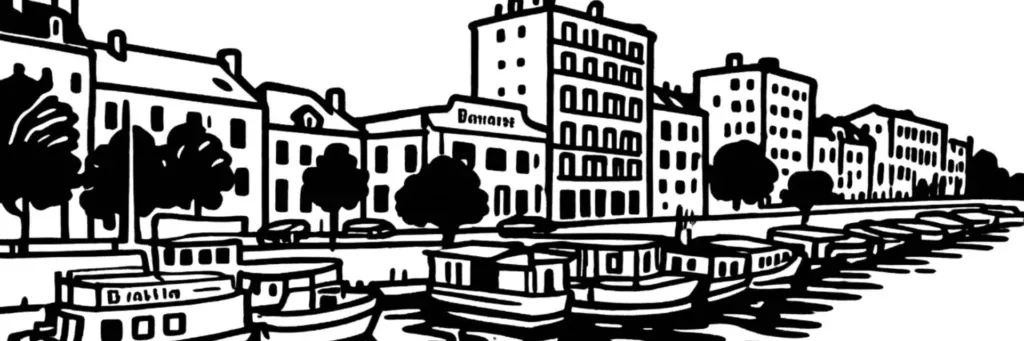 The Saint-Félix canal, the île de Versailles and its Japanese garden, the banks of the Erdre and the boulevard Saint-Aignan in Nantes, line illustration