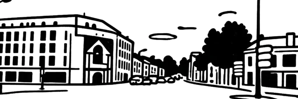 Le boulevard Émile Zola, le parc de la Chézine et les rues résidentielles de l'ouest de Nantes, illustration au trait