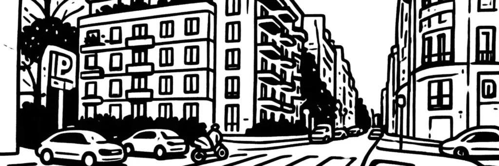 Le quartier Charles Laffitte à Neuilly-sur-Seine, le boulevard et l'avenue Charles-Laffitte, les hôtels particuliers et les immeubles de grand standing en lisière du Bois de Boulogne, illustration au trait