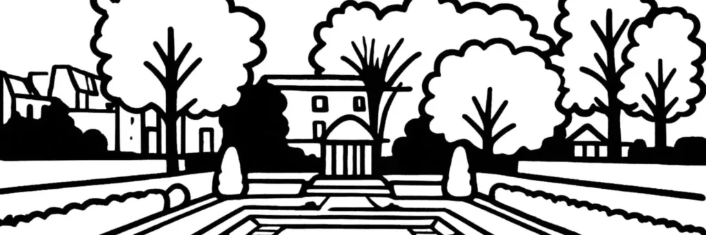 Le quartier Parc de Neuilly à Neuilly-sur-Seine, l'avenue Charles-de-Gaulle, l'Hôtel de Ville, les immeubles haussmanniens et l'Île de la Jatte côté Seine, illustration au trait