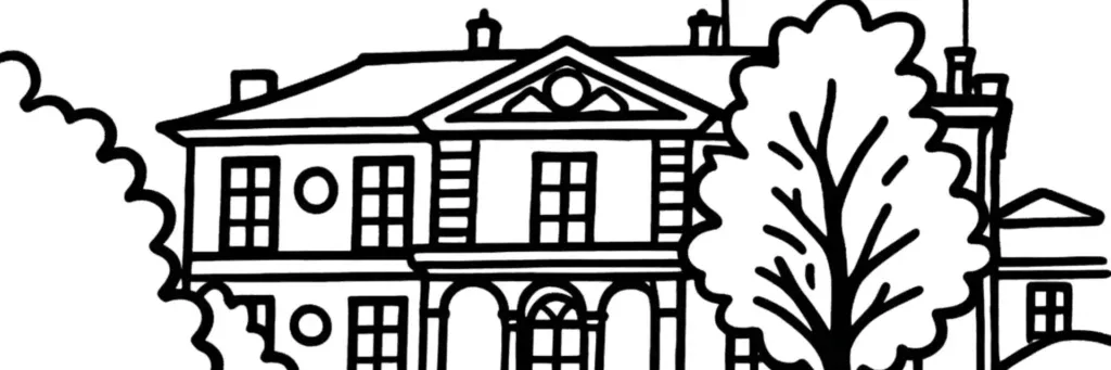 Le quartier Saint-James à Neuilly-sur-Seine, la folie Saint-James, l'avenue de Madrid, les villas et hôtels particuliers à jardin en lisière du Bois de Boulogne et de Bagatelle, illustration au trait