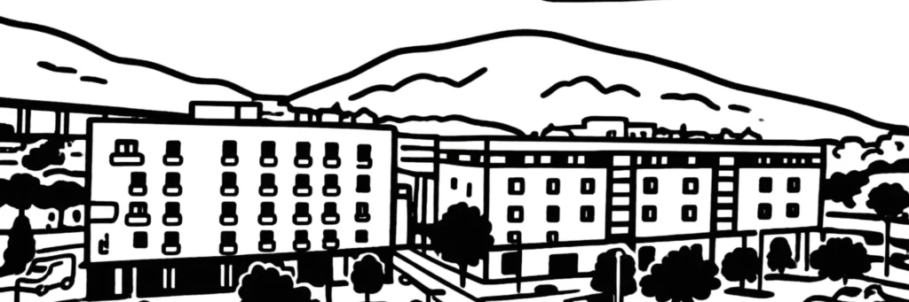 Le quartier de l'Ariane à Nice, vallée du Paillon à l'est de la ville, immeubles résidentiels, illustration au trait