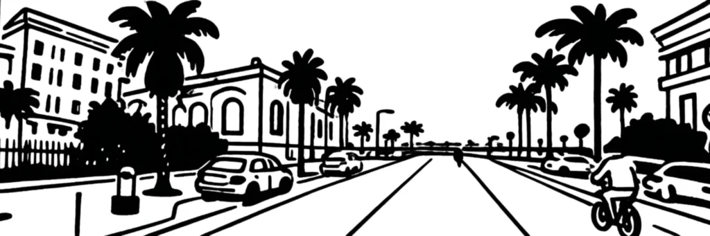 Le quartier des Baumettes à Nice, immeubles de standing entre la Promenade des Anglais et les collines, illustration au trait