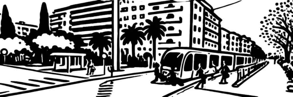 Le quartier Borriglione à Nice, avenue desservie par le tramway et immeubles collectifs des années 1950-1980, illustration au trait
