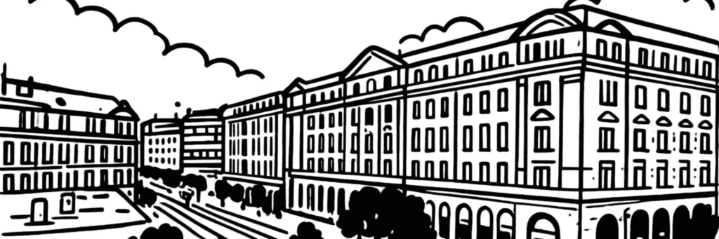 Le Carré d'Or à Nice, façades haussmanniennes et vitrines de luxe entre la place Masséna et la mer, illustration au trait