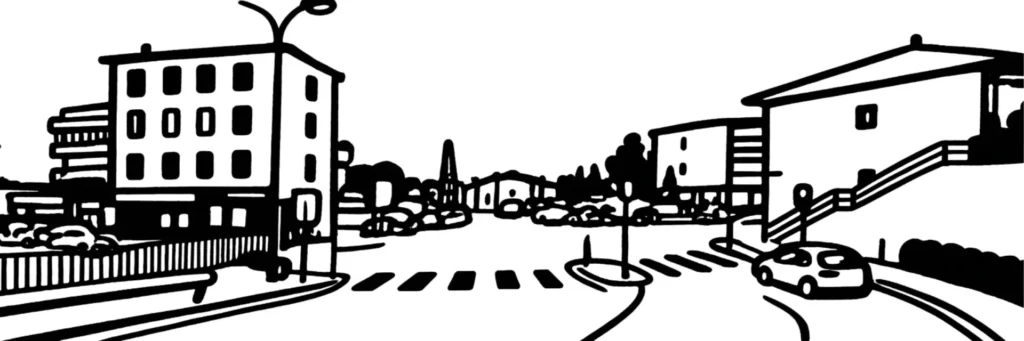 Le quartier de Caucade à l'ouest de Nice, résidences et villas entre collines et aéroport, illustration au trait