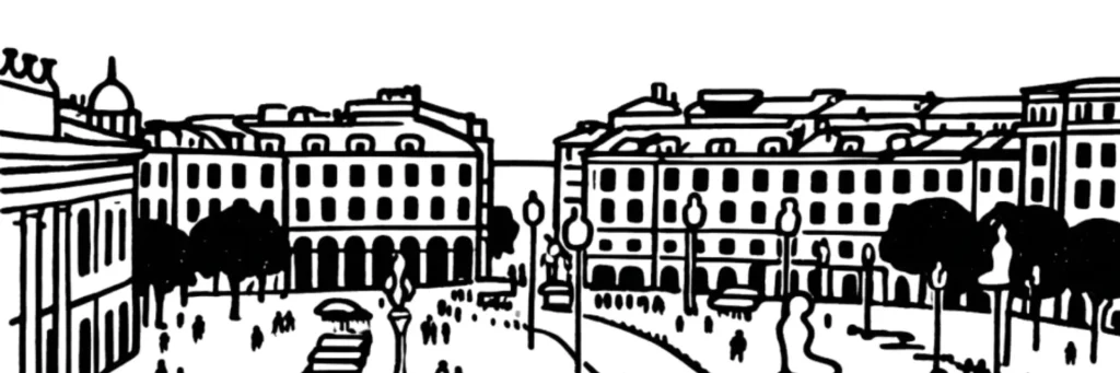 Le centre-ville de Nice, avenue Jean-Médecin animée et façades haussmanniennes autour de la place Masséna, illustration au trait