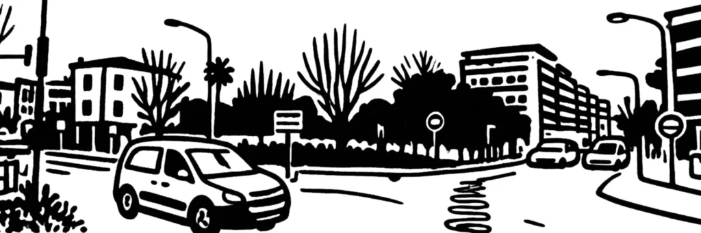 Le quartier de Cessole à Nice, rue commerçante du nord de la ville, immeubles résidentiels, illustration au trait